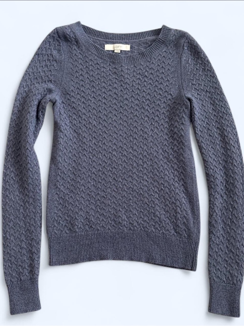 LOFT Women's Crewneck Cable Knit Sweater - Slate Blue Sparkly
